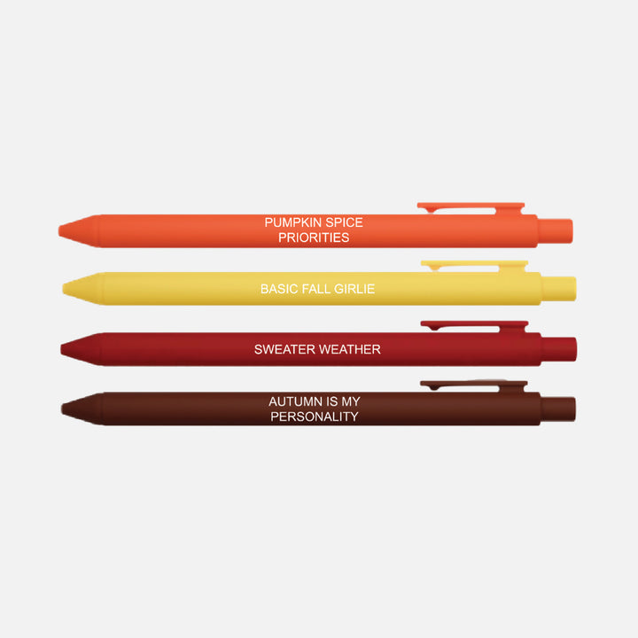 Autumn pen set with four funny fall sayings for pumpkin spice lovers