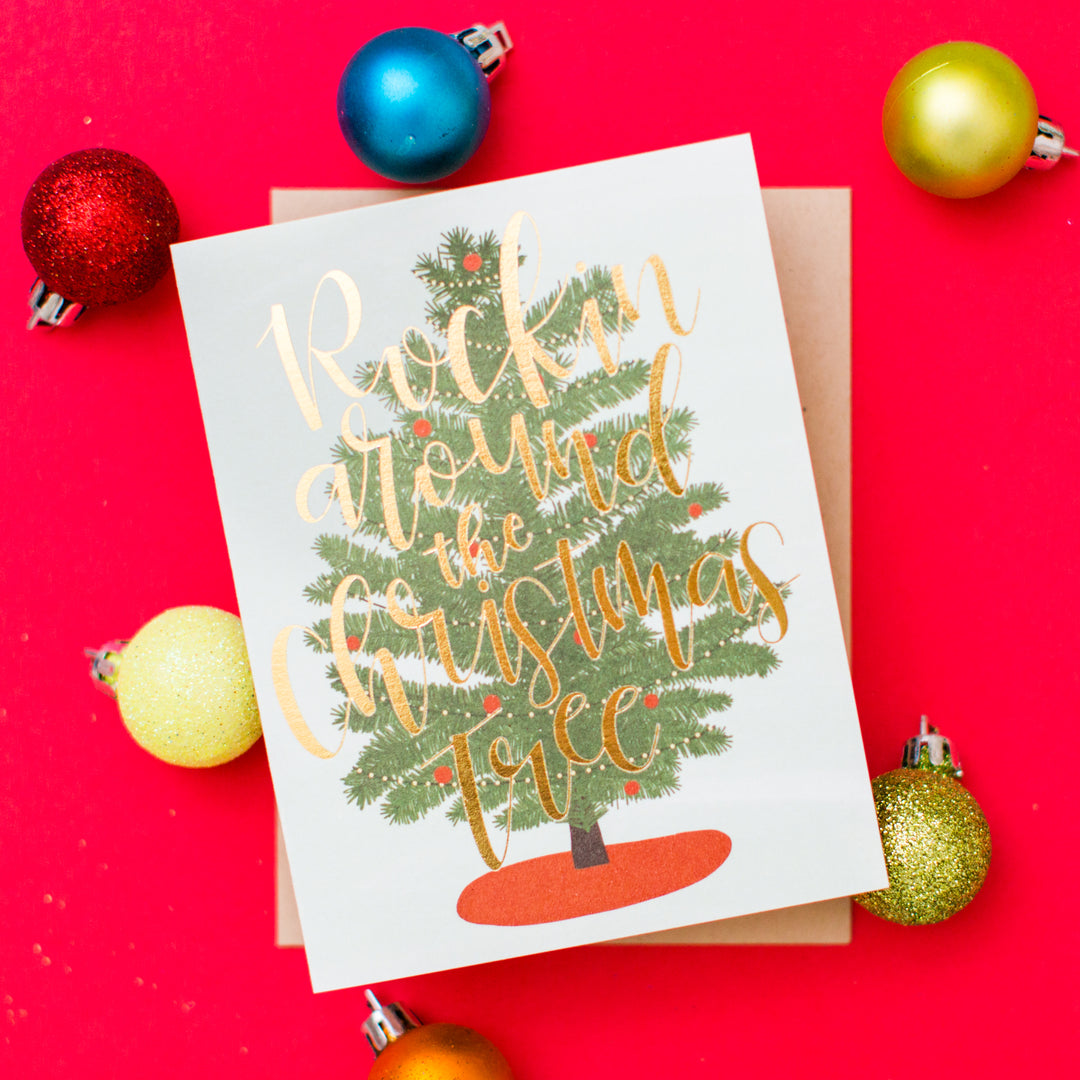 Rockin' Around Gold Foil Christmas Card